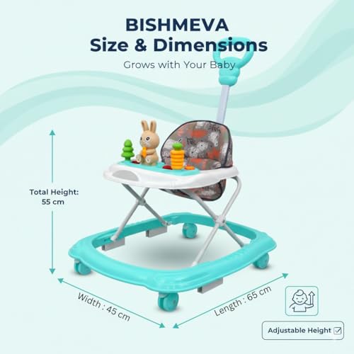Image of Baby Walker for 6-18 Months with Musical Toys & Push Handle | Adjustable Height Baby Activity Walker, 360 Rotating Wheels, Soft Seat (Rabbit Aqua)