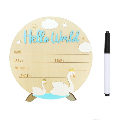 Baby Announcement Sign, 5.9 Inch Wooden Hello World Newborn Signs, Birth Announcement Sign, Clouds Swan Lake Decoration, Welcome Newborn Arrival To World, Hospital Nursery for Baby (Blue)