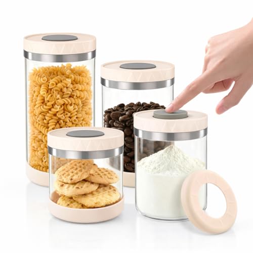 Kitchen Storage Containers with Pop Lids – 4 Sets Airtight Glass Canisters with Protective Silicone Sleeve, Small and Large Pantry Jar Organizer, for Cereal, Flour, Cookie, Sugar, Coffee, Pasta, Treat