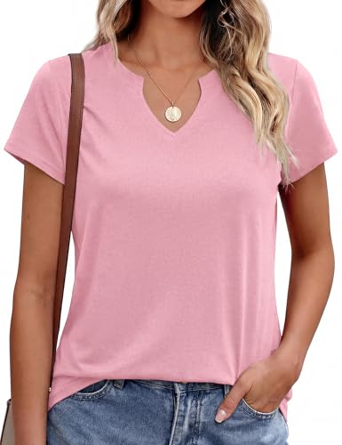 Leversic Womens Tops V Neck Casual T-Shirt Short Sleeve Plain Color Summer Tunic Tops Basic Tee(Pink,M)