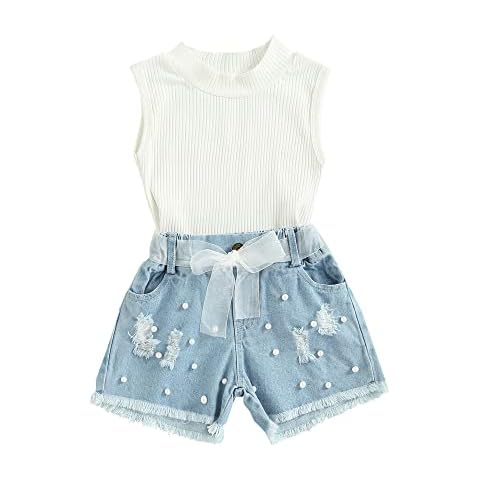 Toddler Kids Baby Girl 2Pcs Clothes Set Sleeveless RibbedTop Vest Beads Denim Shorts Summer Outfits (Beads-White, 1-2 Years) Cover