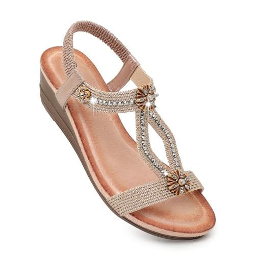Image of Wedge Sandals for Women Dressy, Woman's Sandal Comfortable Low Wedges Heels Ankle Elastic Strap Sandles with Flower Rhinestones