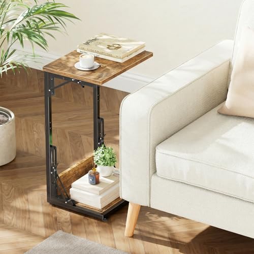 Mesa auxiliar plegable en C de dormitorio marron rustico de sofa 7