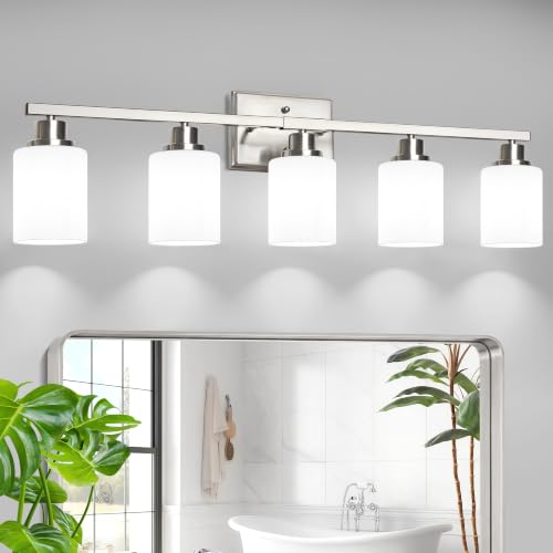 Image of Unicozin 5-Light Bathroom Light Fixtures, Modern Brushed Nickel Vanity Light Over Mirror, Wall Sconces with Milky White Glass Shades for Living Room Bedroom Hallway E26 Base