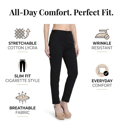 Image of BLUE STAR SHARK Stretchable Cotton Lycra Cigarette Pants | Versatile and Stylish Women's Pants | Comfortable Slim Jeggings | Ankle Length Straight Trousers for Office, Formal, Casual Wear
