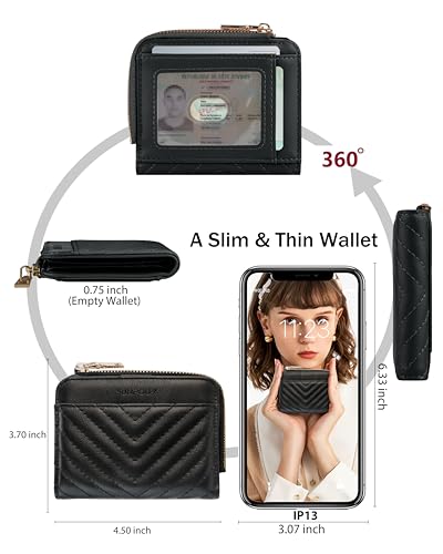 Image of Small Bifold Wallets Woman RFID Mini Wallet for Women Slim Card Holder with Zipper Coin Pocket & 2 ID Windows (Black)