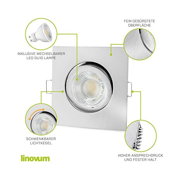 linovum® 10er Set LED Einbaustrahler GU10 eckig & schwenkbar - Einbauleuchte Edelstahl Optik inkl. LED GU10 3W… – Bild 3