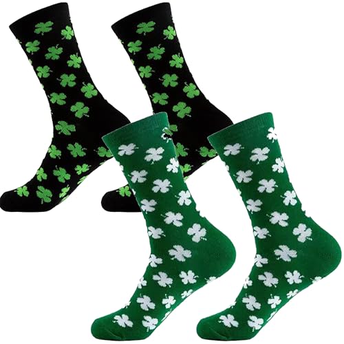 IZUS 2-Set Women Men Green Crew Socks for St.Patricks Day Shamrock Clover Novelty Socks Casual Festival Size 6-12