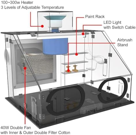Transparent Airbrush Spray Booth,with Exhaust Fan,LED Light,Adjustable Heating,Quick Drying,for Art Craft Painting