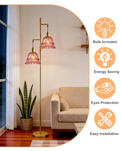 Image of 2-Light Modern Glass Floor Lamp, Gold Tall Standing Lamp with Deep Red Tulip Glass Shade for Reading, Dimmable LED Floor Lamp with 5Lbs Heavy Base for Living Room Bedroom Home Decor, Bulb Included