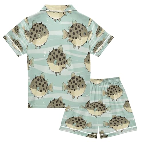 Satin Pajama Sets Short Sleeve Fish Pattern Pufferfish Button Down Silky Nightwear 2 Piece PJS 5-14Y2