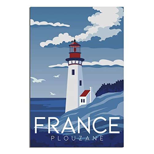 Plaque en métal vintage avec motif phare de France Finistere Plouzané - Décoration rustique - Pour café, bar, chambre à coucher, maison - 30 x 43 cm