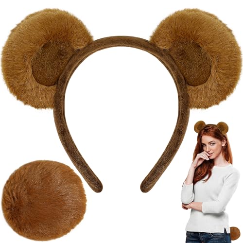 MUKOSEL Bear Ears Headband and Tail Set Brown Chipmunk Ears Bear Costume Adult Animal Costume for Adult Halloween Party Headwear Accessories