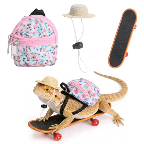 HAEZU Bearded Dragon Clothes Lizard Toy - Mini hat Skateboard Backpack Gifts for Reptiles Pet - Cute Bearded Dragon Costume Accessories for Lizard Iguana Reptiles Small Animals (Pink Floral Prints)