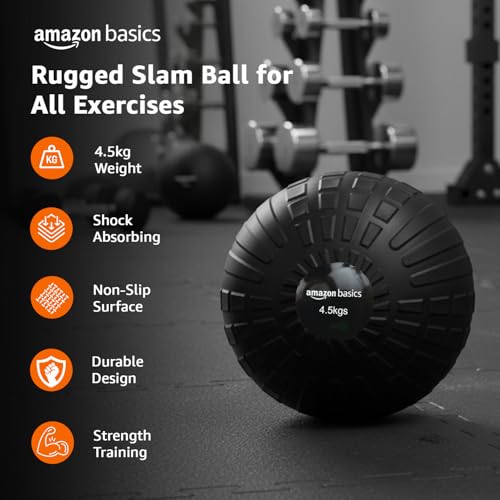 Image of Amazon Basics Rubber Heavy Duty Slam Ball | Non-Slip Gripped Surface | Non-Bouncing | 4.5 Kg | for Strength Training, Core Workouts, Endurance Training | Black
