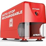 AFMAT Electric Pencil Sharpener, Cordless & Rechargeable, Heavy Duty Classroom Pencil Sharpeners for 6-11mm Pencils, Auto Stop, 2s Fast Sharpening, Battery Powered, 10,000 Sharpenings, Red, PSD3