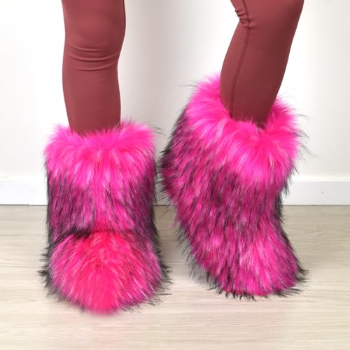 Image of Fashion Fur Boots,Flat Heel Comfy Plush Warm Snow Booties,2025 Winter Outdoors Furry Boots,Mid-Calf Faux fur Boot for Women.