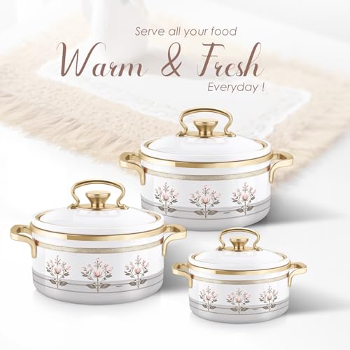 Image of Nayasa Rachel Casserole- Big Set of 3, 1000, 1500, 2000 ML | BPA Free | Food Grade | Easy to Carry | Easy to Store | Hot Pot for Kitchen | Roti Box | White