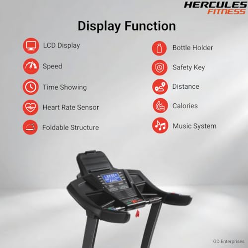 Image of Hercules Fitness T5100 6.0 HP Peak DC Motorized Foldable Treadmill | 15 Level Auto Incline | MP3 Player Available | Max Speed 20 Km /Hr | Max User Weight 140 Kg