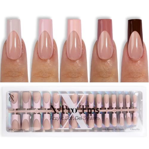 SXC Cosmetics French Tip Press On Nails 150 Pieces in 15 Sizes Ultra Fit with Pre-applied Tip Primer...