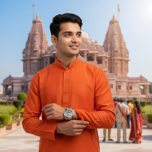 Image of Shree Ram Skeleton Watch, Ayodhya Mandir Theme, Mechanical Look Quartz, Stainless Steel Metal Bracelet, Round Dial with Deity Engraving for Man and Boyes