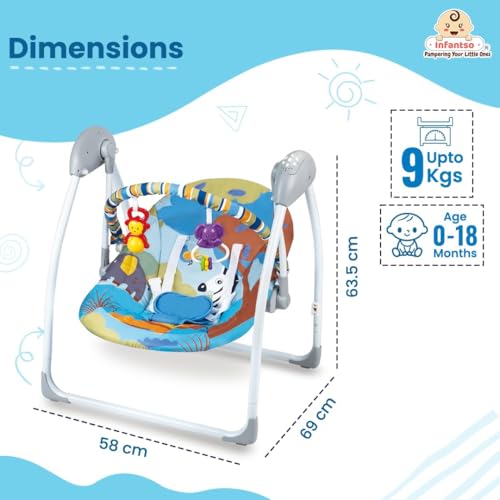 Image of Infantso Automatic Baby Swing Rocker with Hanging Toys and Remote Control for Newborn Baby - Foldable with Speed Adjustment and Safety Harness (Blue)