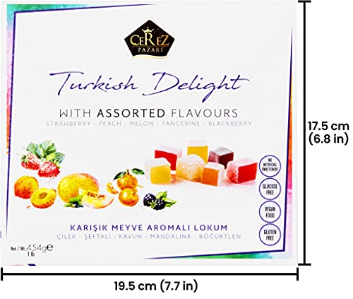 Cerez Pazari Turkish Delight with Strawberry, Peach, Melon, Tangerine, BlackBerry Flavours 454g, Gourmet Medium Size Snacks Gift Box, No Nuts Sweet Traditional Vegan Soft Candy Dessert - 8