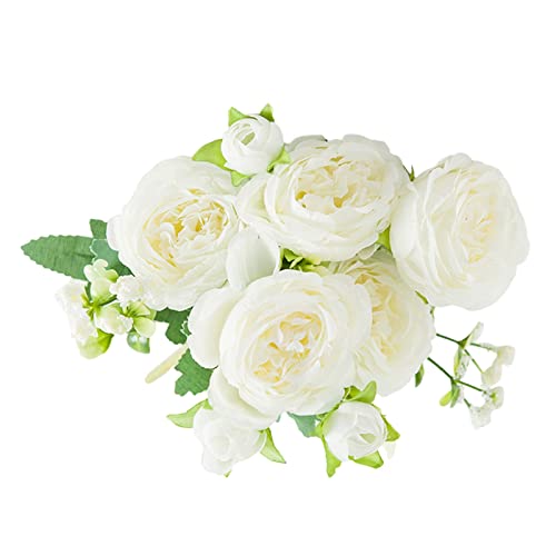 KIMISS Flores de Peonías Artificiales para Decoración del Hogar, 2 Manojos de Peonías de Seda Vívidas, Atractivo Arreglo Floral de Imitación para Bodas y Eventos Especiales (White)