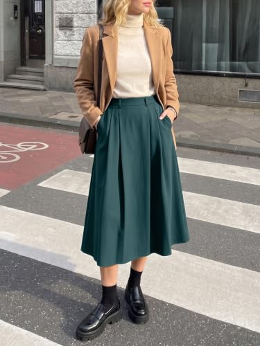 Image of Casly Lamiit A-Line Midi Skirts for Women Business Skirt | Elastic High Waisted, Pleated with Pockets, Work Skirts Casual