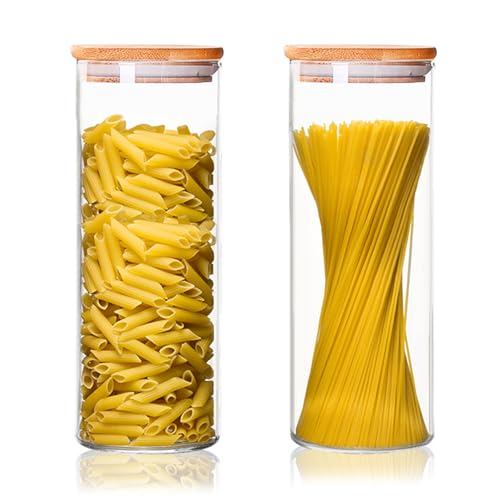 Glass Spaghetti Pasta Storage Containers with Lids 71oz Set of 2, Tall Clear Airtight Food Storage Jar with Lid for Pasta, Cookies, Nuts, Coffee, Cereal, Flour, and More,