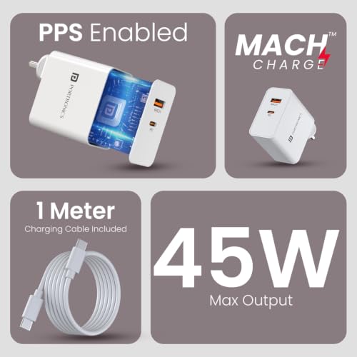 Image of Portronics 45W Adapto 45B Dual Port Fast Charging Adaptor with Type C PD Port & USB-A Port, 1M Type C Cable, PPS Technology, Supports iPhone, Samsung, Tablets & Laptops(White)