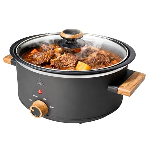 LoftyChef 3 Quart Slow Cooker with Aluminum Inner Pot, 3 Temperature Settings, Dishwasher-Safe Removable Pot & Glass Lid, Wood-Grain Handle Design, Compact Electric Cooker for Home Meals, Black