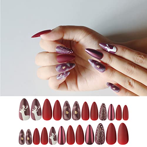 Press on Nails, Medium Length Almond Fake Nails, Red Christmas Fawn False Nails, Stick on Nails for Women, Full Cover Nail Fake Tips, Acrylic Nails, Artificial Nails for Nail Art Decoration 24Pcs