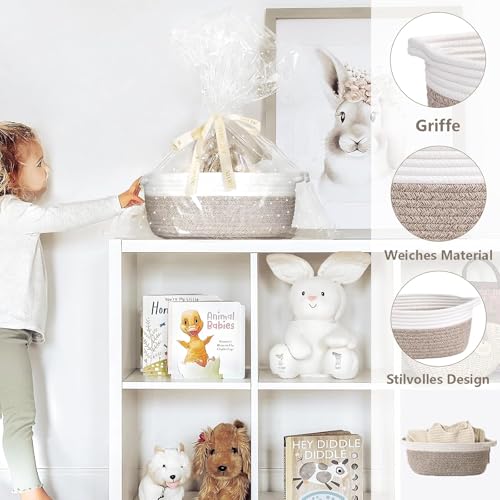 Geschenkkorb Leer, Baumwollseilweberei Geflochten Korb für Geschenke mit Geschenktüten Bändern Grußkarte, Präsentkorb Leer mit Henkel, Aufbewahrungskorb für Babyparty, Geburtstag, Hochzeit
