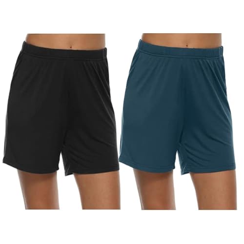 MoFiz Damen Schlafanzughose Kurz Pyjamahose Weich Modal Nachtwäsche Sommer Schlafshorts 2 Pack Blau/Schwarz M Cover