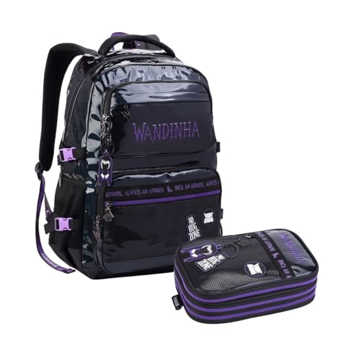 Mochila Wandinha Addams Holográfica Juvenil com 5 Bolsos e Estojo Triplo Escolar (Preto Holográfico)