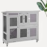 MEDEHOO Two-Story Rabbit Hutch with Wheels Guinea Pig Cage Indoor Outdoor Bunny Cage with 2 Deep Leakproof Tray