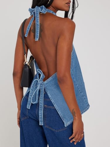 Image of Tankaneo Womens Halter Denim Vest Tops Summer Sleeveless Open Back Y2K Going Out Jean Tank Tops V Neck Button Up Waistcoat