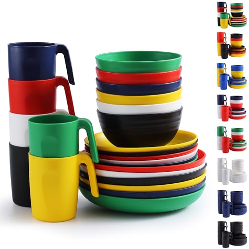 Berglander Set di stoviglie in plastica 24pcs per 6, piatti riutilizzabili e set di ciotole includono piatti per la cena, piatto da dessert, ciotole di cereali, tazze per casa, picnic, campeggio