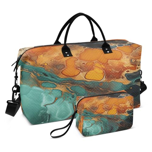 Abstract Orange Marble Travel Duffel Bags Gym Bag Weekender Handbag with Toiletry Bag for Women Girls Men