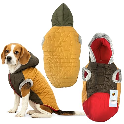 Image of Foodie Puppies Dog Puffer Hoodie Warm Winter Jacket - (Yellow Olive, 20 Inch) for Small to Medium Dogs | Ultra Warm Waterproof & Windproof Fur Coat | Washable Pet Vest Apparel for Cold Weather