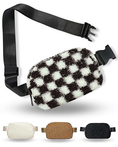 Boutique Fleece Belt Bag | Sherpa Checkered Crossbody Fanny Pack for Women | Cute Everywhere Waist Pack | Small Fashion Bag | Gold Accessories | Adjustable Small Strap | Black Checker