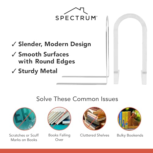 Image of Spectrum Elements Large Modern Bookends for Heavy & Light Books Cookbooks Records, Decorative Book Ends for Shelves and Desk Sturdy Metal Book Stopper for Bookshelf Organization, Chrome