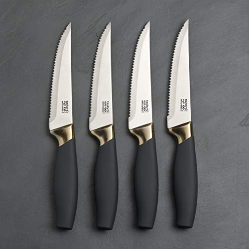 Taylors Eye Witness Brooklyn Brass Serrated Steak Knife Set - 4 PCE. Scalloped Edge, Hollow Ground, Polished Mat, Stainless Steel Blade. Brass Coloured Bolster. Soft Grip Handle. 2 Year Guarantee. - Image 3
