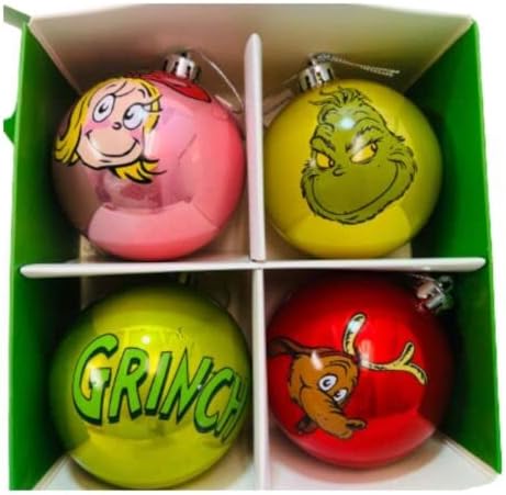 The Grinch Christmas Tree Decoration Dr Seuss Baubles Home Decor Hanging Seasonal Decoration Festive Item NEW (Pack Of 4 Baubles)
