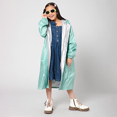Image of THE CLOWNFISH Drizzle Dot Series Kid's Raincoat Waterproof Polyester Double Coating Reversible Long Length Coat With Hood And Reflector Logo At Back.
