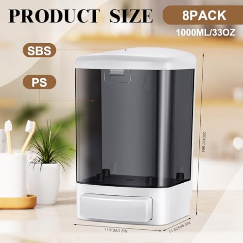Image of Hushee 8 Pcs Plastic Wall Mounted Soap Dispenser Commercial Manual Soap Containers Wall Dispenser for Kitchen Shower Hotel Liquid Shampoo Gel Chamber (33.8 oz 1000 ml,Black)