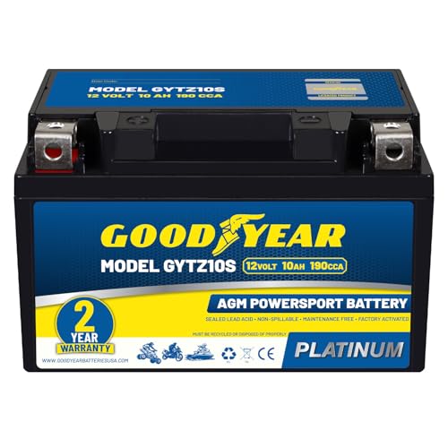 Goodyear GYTZ10S - 12 Volt 10 AH 190 CCA Rechargeable High-Performance Maintenance Free SLA - AGM Battery for Motorcycle ATV UTV Scooter Snowmobile Motorbike and more!