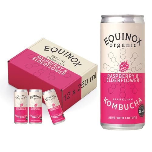 Equinox Kombucha - Raspberry & Elderflower - Sparkling Refreshing Drink with Live Kombucha Cultures (Pack of 12 x 250 ml)