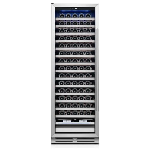 Yeego Wine Fridge – 24 Inch Wine Cooler Refrigerator 40°F-65°F, 304 Stainless Steel Glass Door Lock, Temperature Memory Blue & White LED Built-in Fridge Left-hand Opening with Drawer (165 Bottle)